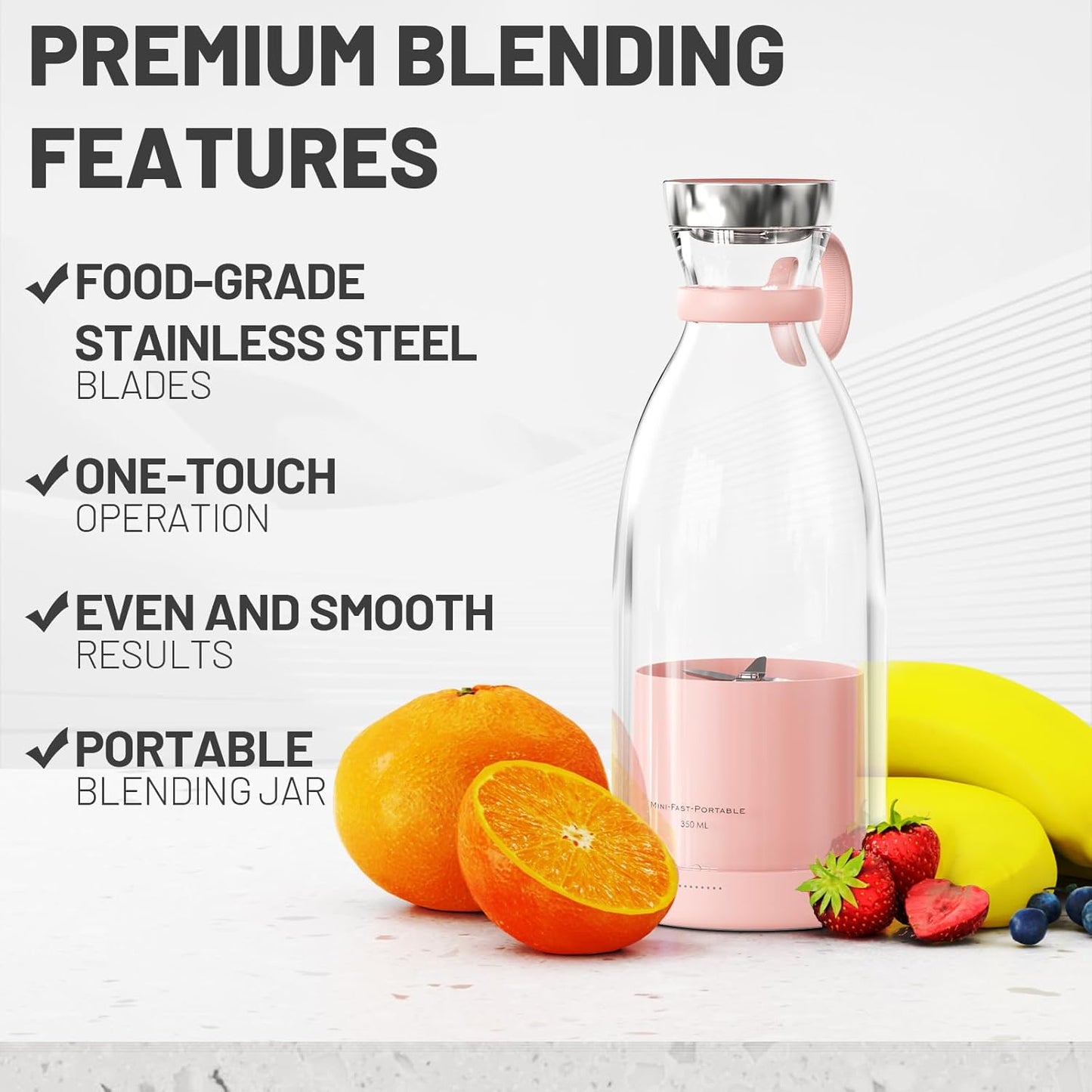 Portable Blender for Shakes and Smoothies with 11.83 Oz Travel Cup and Lid,Durable Stainless Steel Blades for Juice Blending Performance, Pink