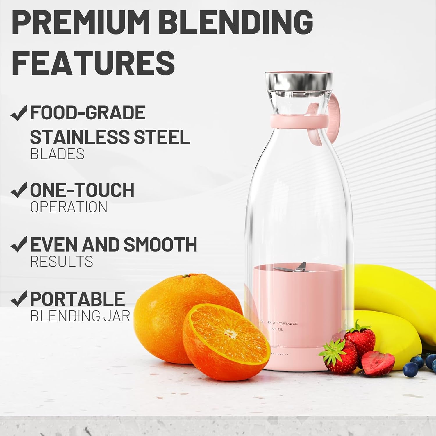 Portable Blender for Shakes and Smoothies with 11.83 Oz Travel Cup and Lid,Durable Stainless Steel Blades for Juice Blending Performance, Pink
